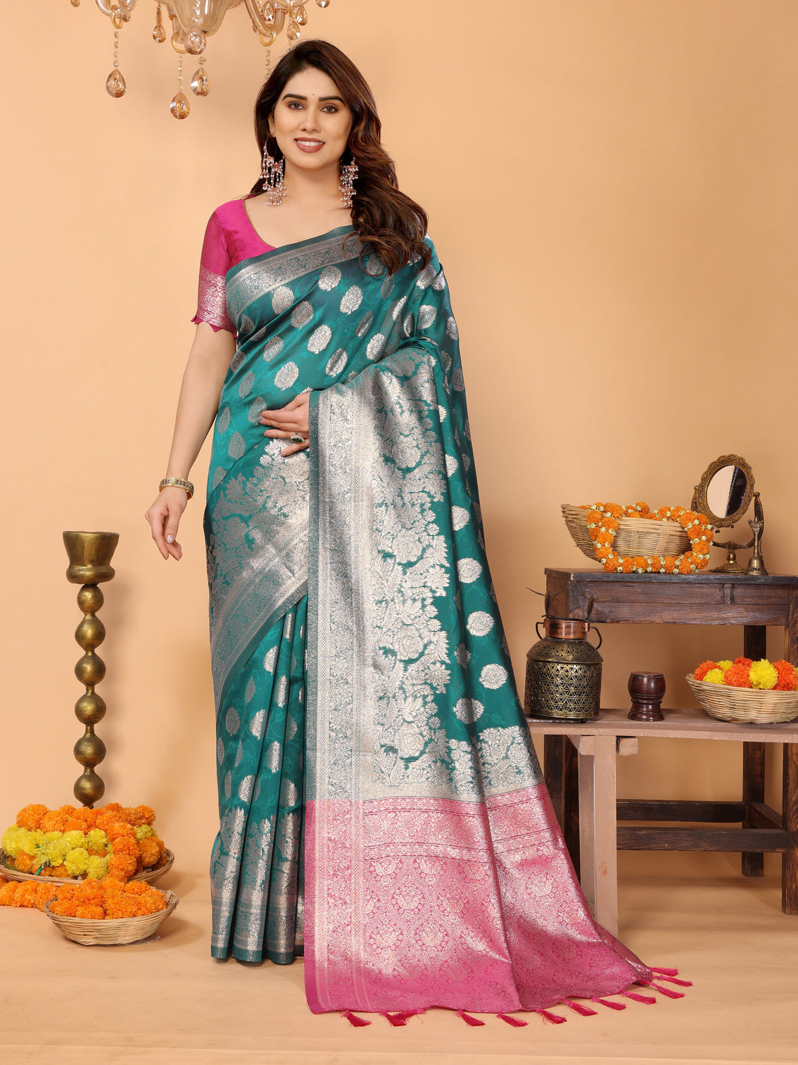 Teal green banarasi silk saree with silver zari butta pink pallu traditional wedding festive wear mameraa