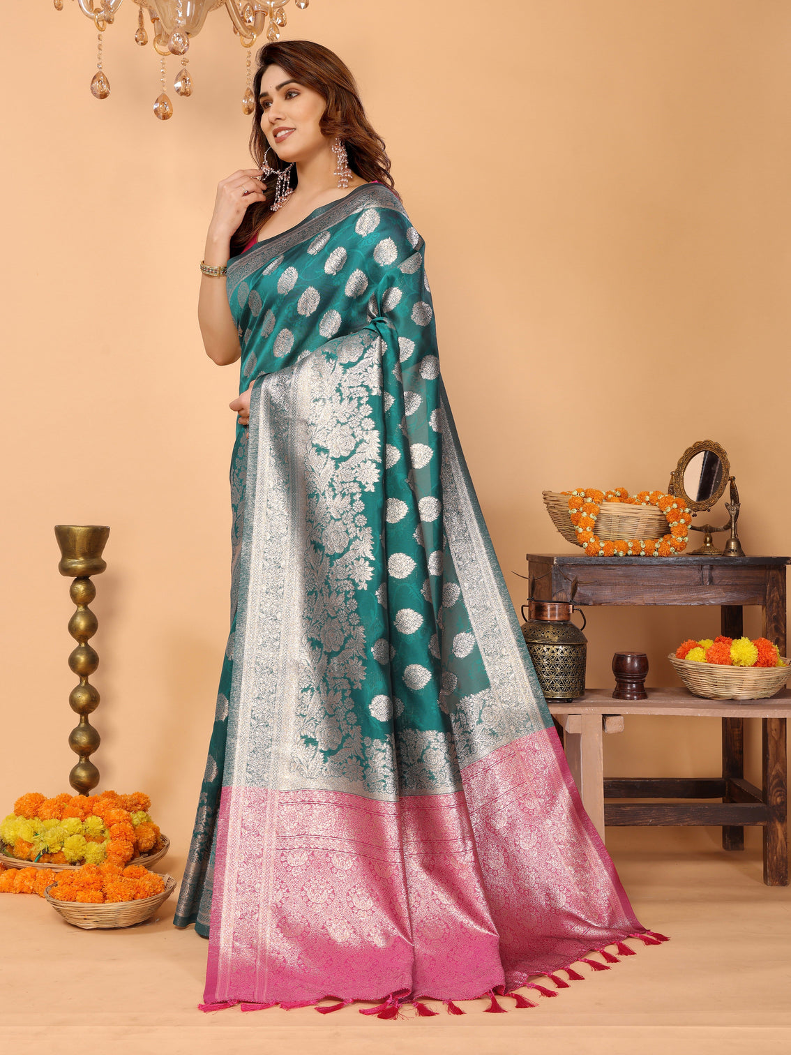 Teal green banarasi silk saree with silver zari butta pink pallu traditional wedding festive wear