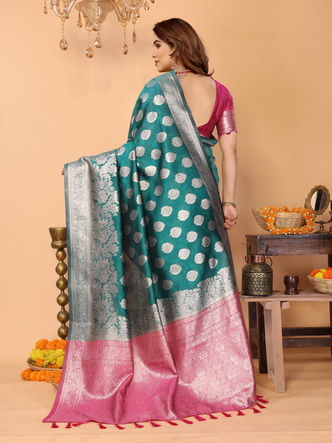 Teal green banarasi silk saree with silver zari butta pink pallu traditional wedding festive wear