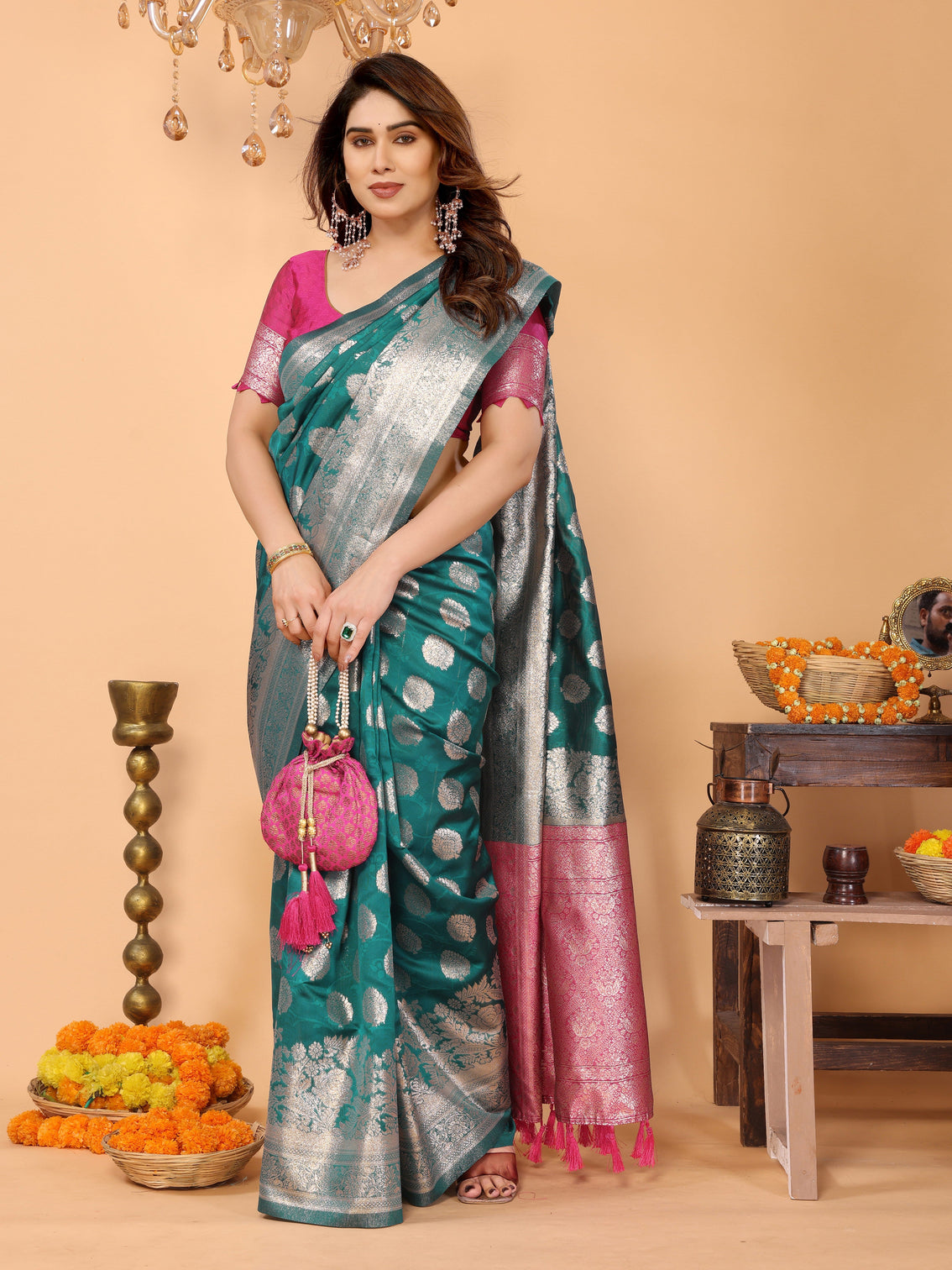 Teal green banarasi silk saree with silver zari butta pink pallu traditional wedding festive wear