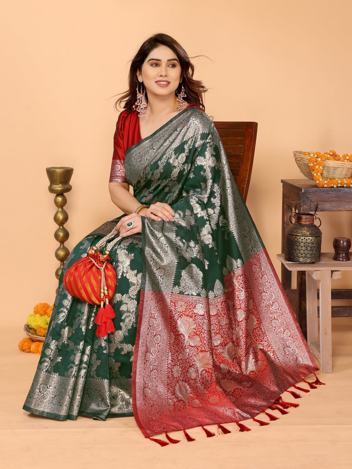Bottle green banarasi silk saree with silver zari weaving red pallu elegant wedding festive collection