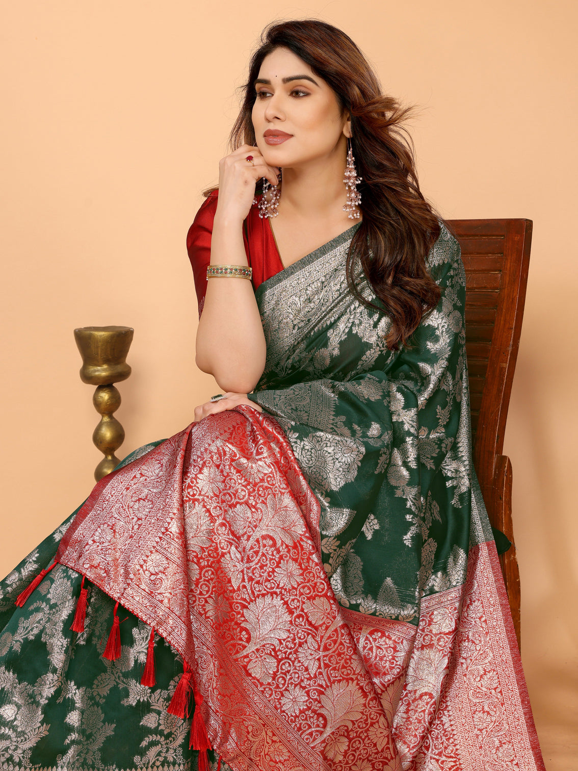 Bottle green banarasi silk saree with silver zari weaving red pallu elegant wedding festive collection