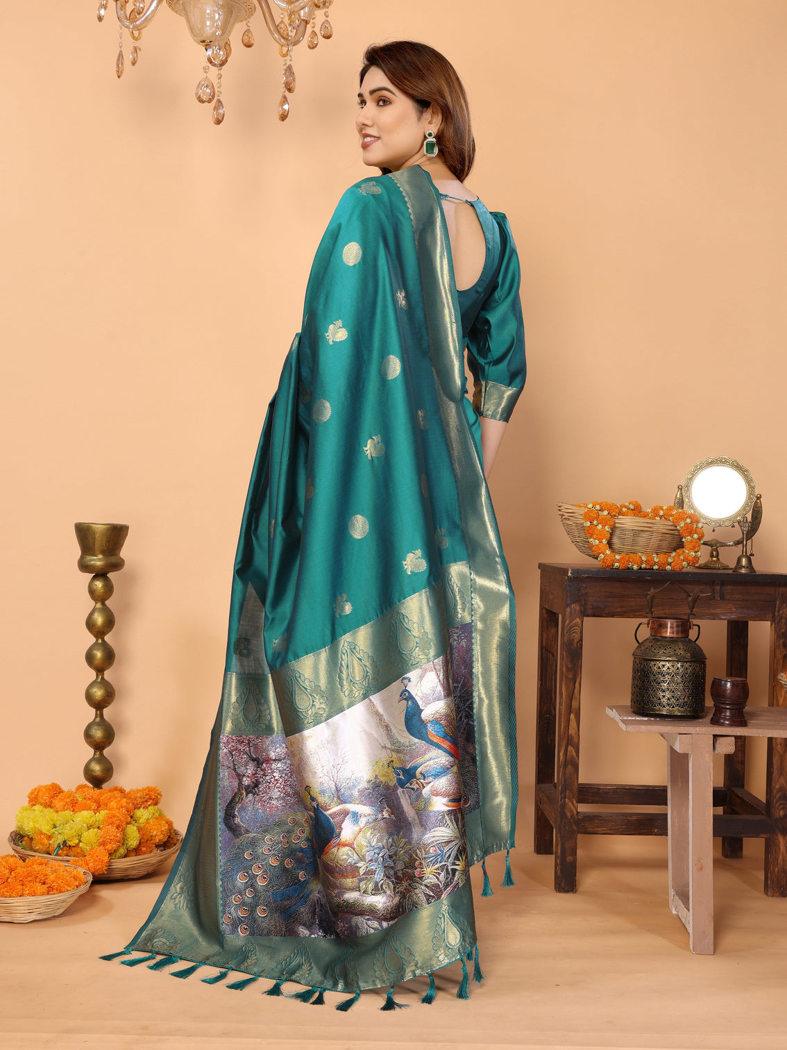 Teal green banarasi silk saree with golden zari weaving peacock digital print pallu festive wedding wear
