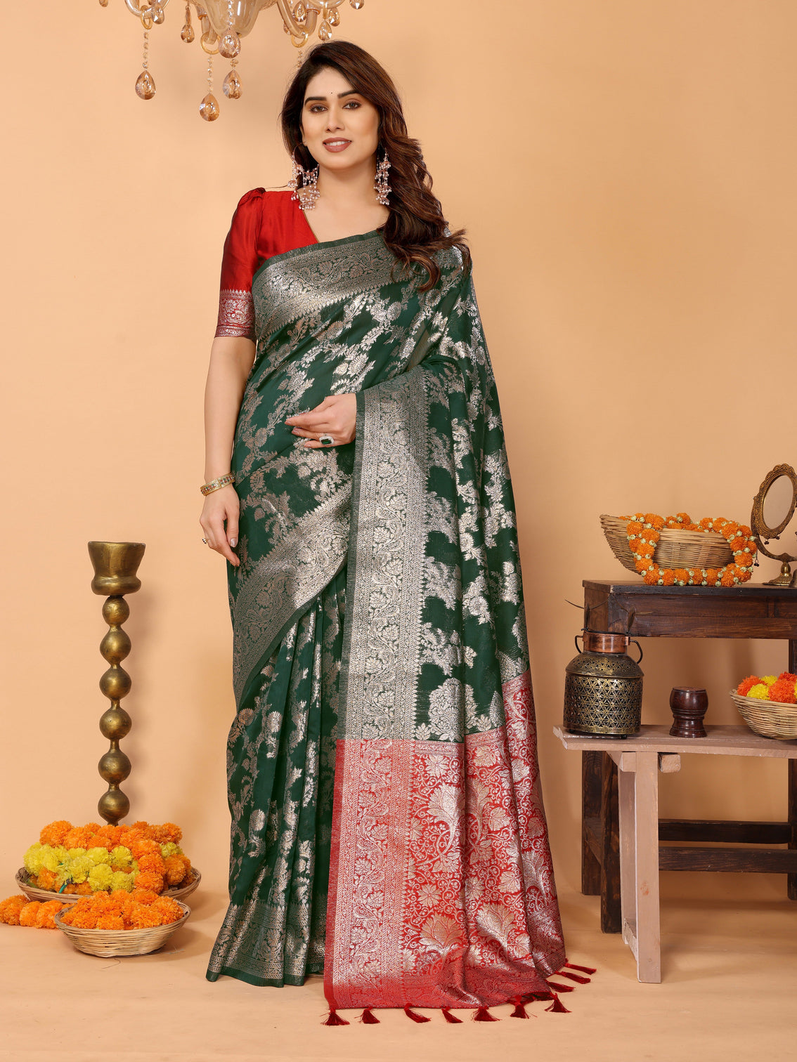 Bottle green banarasi silk saree with silver zari weaving red pallu elegant wedding festive collection mameraa