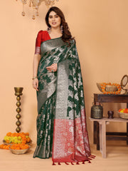 Bottle green banarasi silk saree with silver zari weaving red pallu elegant wedding festive collection mameraa