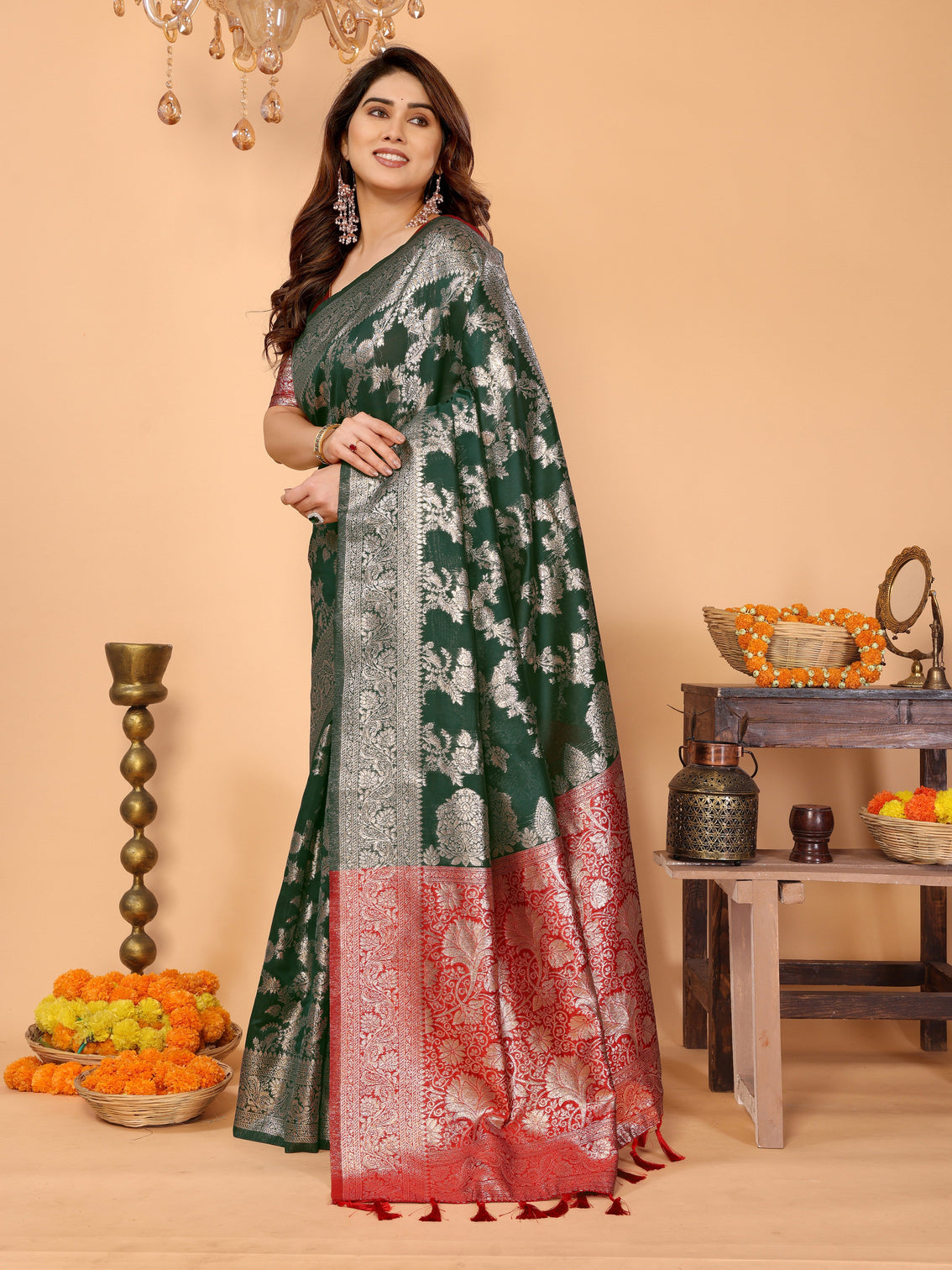 Bottle green banarasi silk saree with silver zari weaving red pallu elegant wedding festive collection