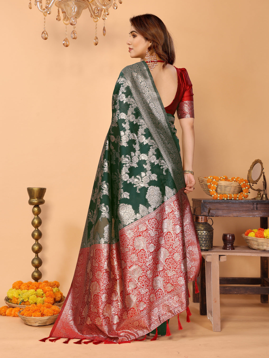 Bottle green banarasi silk saree with silver zari weaving red pallu elegant wedding festive collection