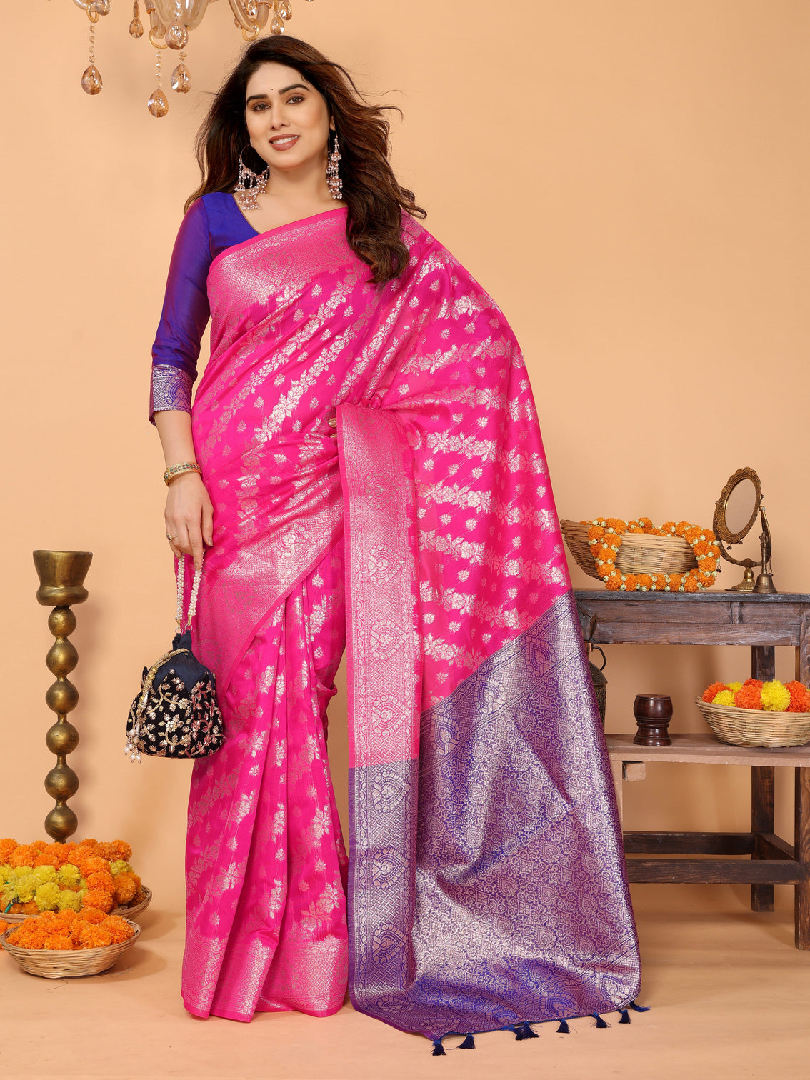 Rani pink banarasi silk saree with royal blue pallu silver zari festive wedding wear