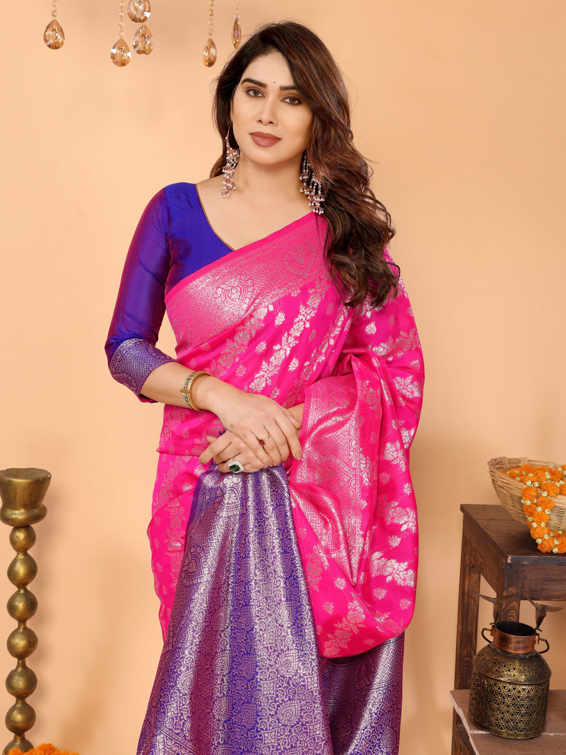 Rani pink banarasi silk saree with royal blue pallu silver zari festive wedding wear
