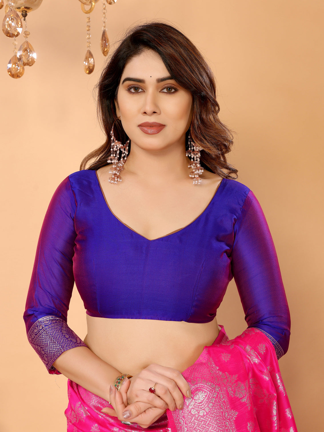 Rani pink banarasi silk saree with royal blue pallu silver zari festive wedding wear