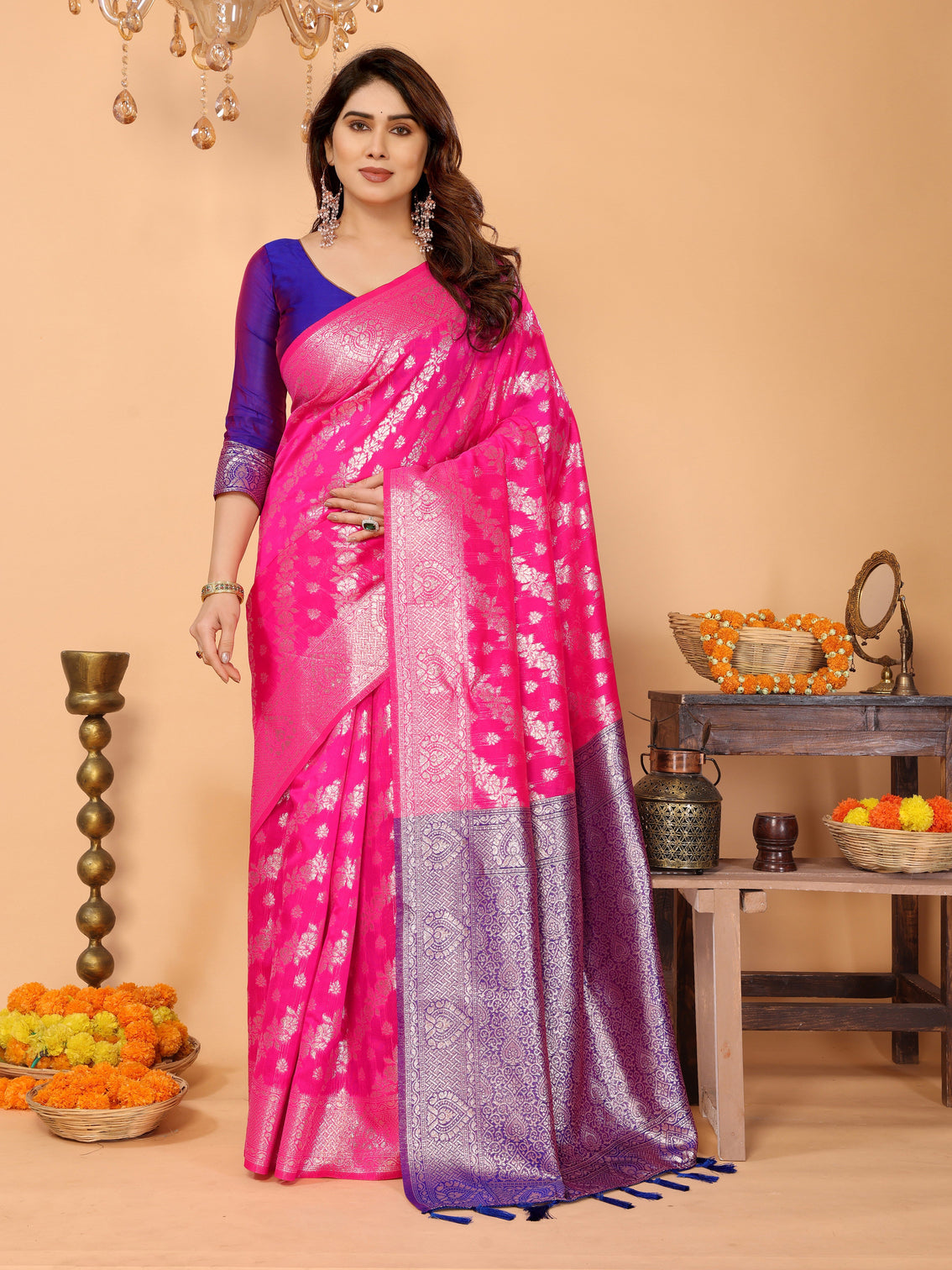 Rani pink banarasi silk saree with royal blue pallu silver zari festive wedding wear mameraa