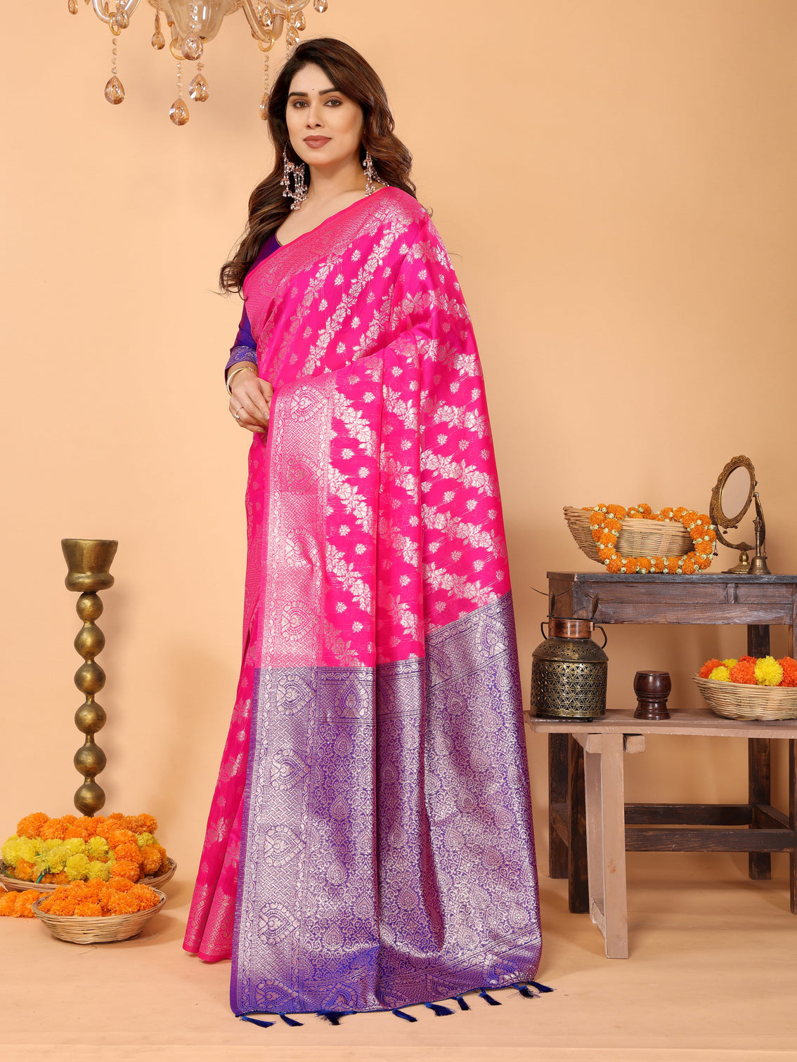Rani pink banarasi silk saree with royal blue pallu silver zari festive wedding wear