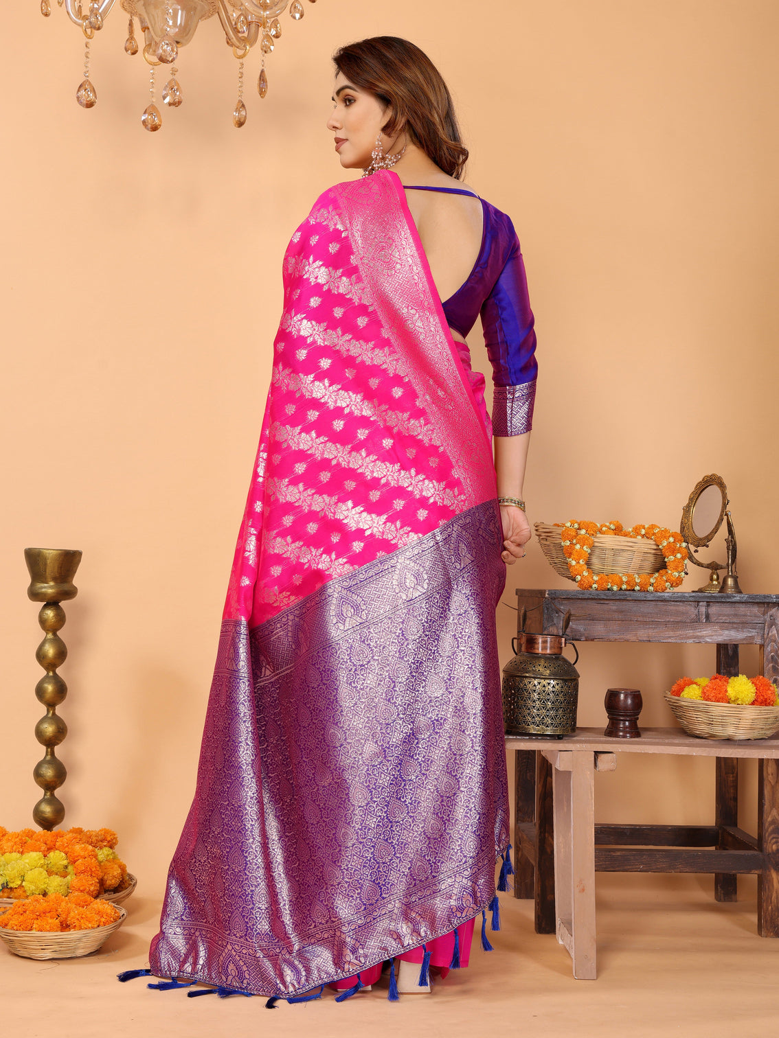 Rani pink banarasi silk saree with royal blue pallu silver zari festive wedding wear