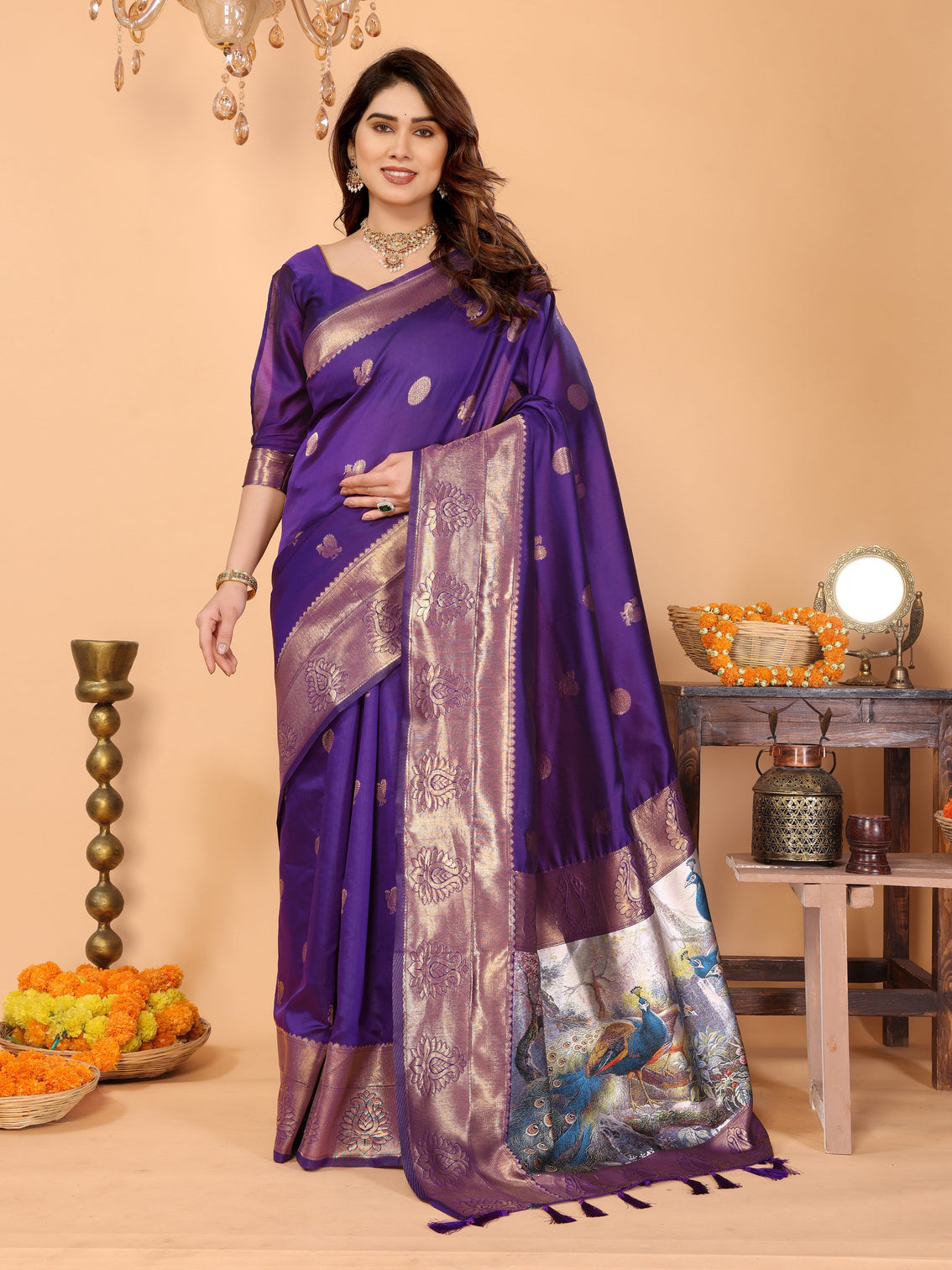Royal purple banarasi silk saree with golden zari weaving peacock digital pallu elegant festive wear mameraa