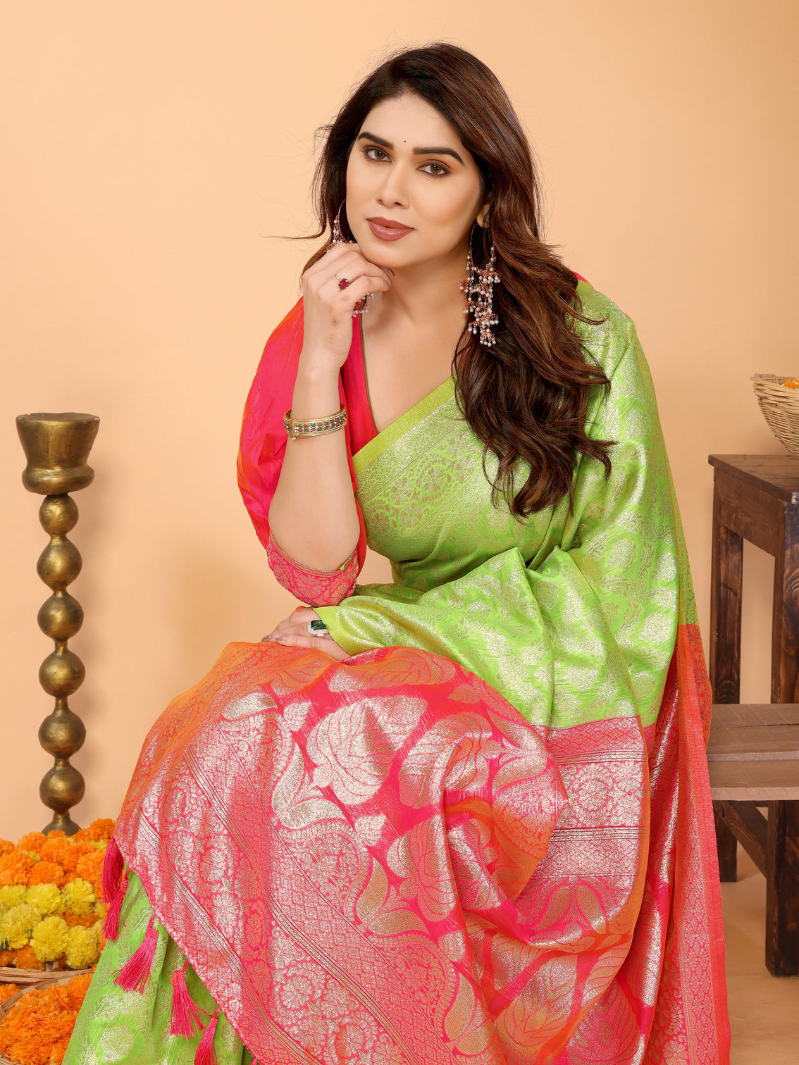 Parrot green banarasi silk saree with coral pink pallu zari weaving festive traditional wear