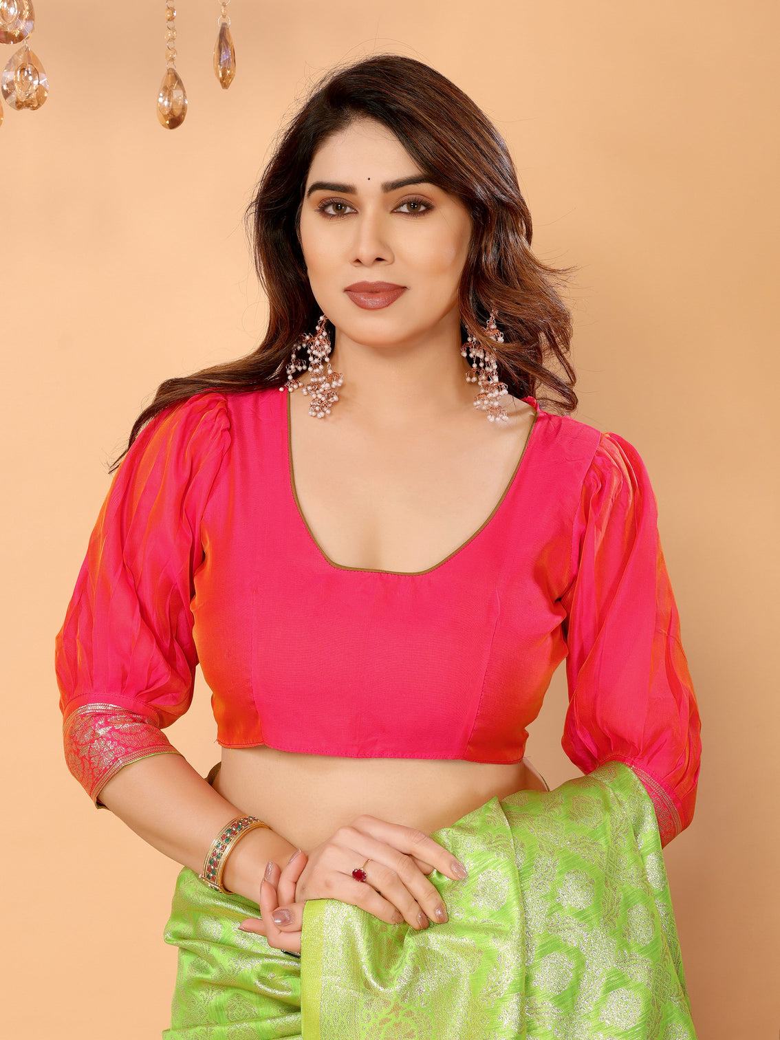 Parrot green banarasi silk saree with coral pink pallu zari weaving festive traditional wear