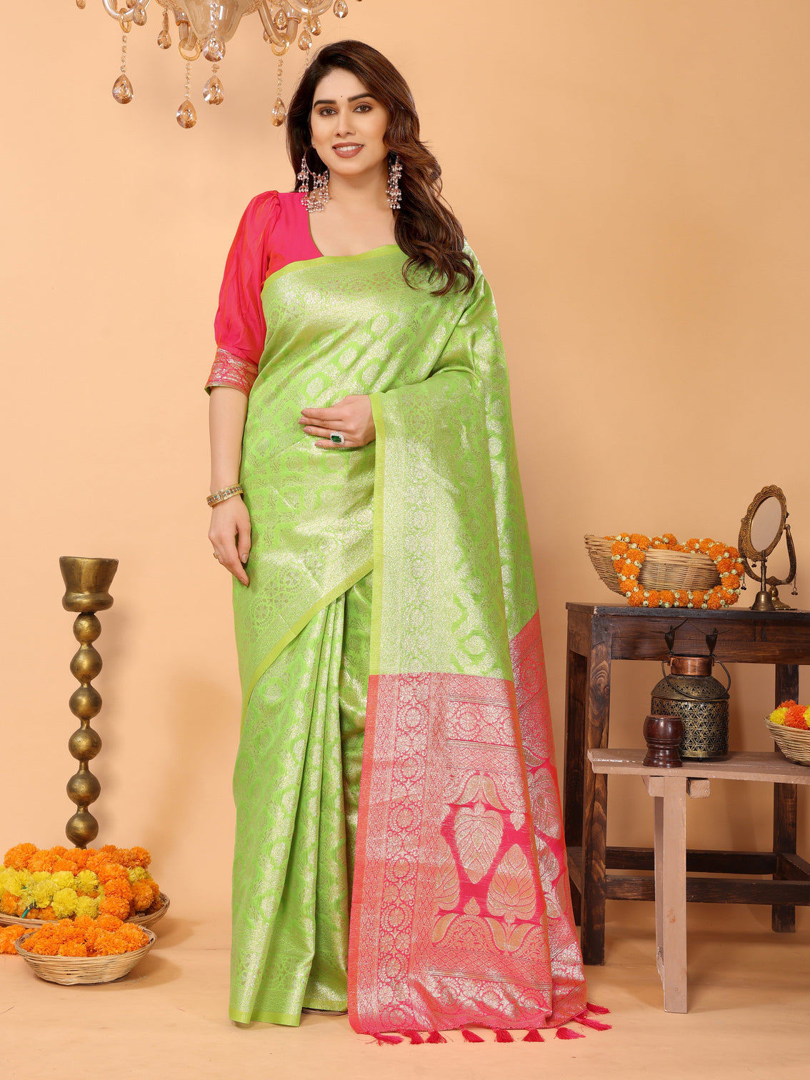 Parrot green banarasi silk saree with coral pink pallu zari weaving festive traditional wear mameraa