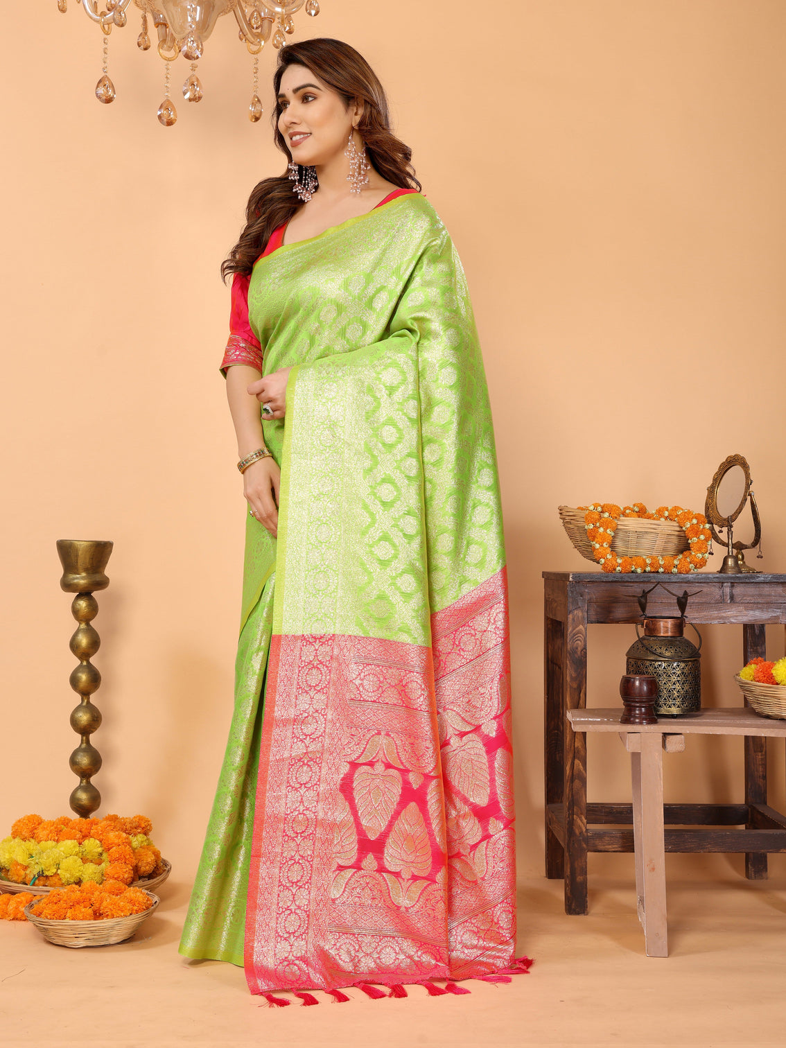 Parrot green banarasi silk saree with coral pink pallu zari weaving festive traditional wear