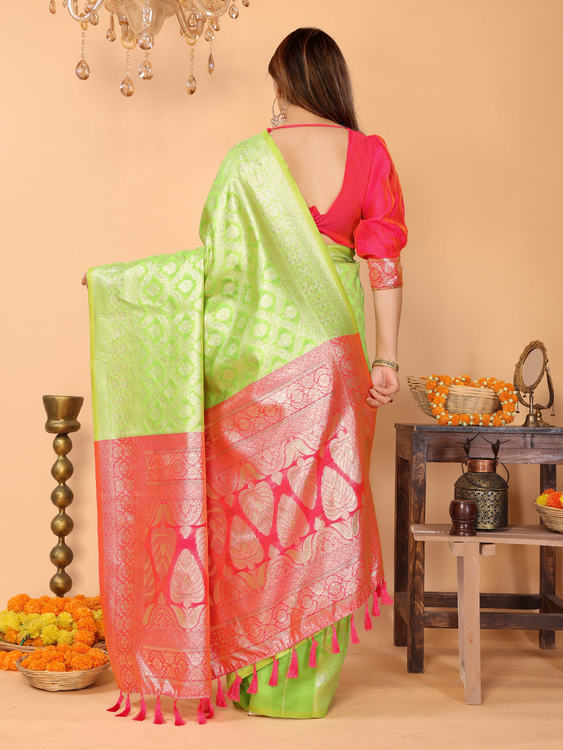 Parrot green banarasi silk saree with coral pink pallu zari weaving festive traditional wear