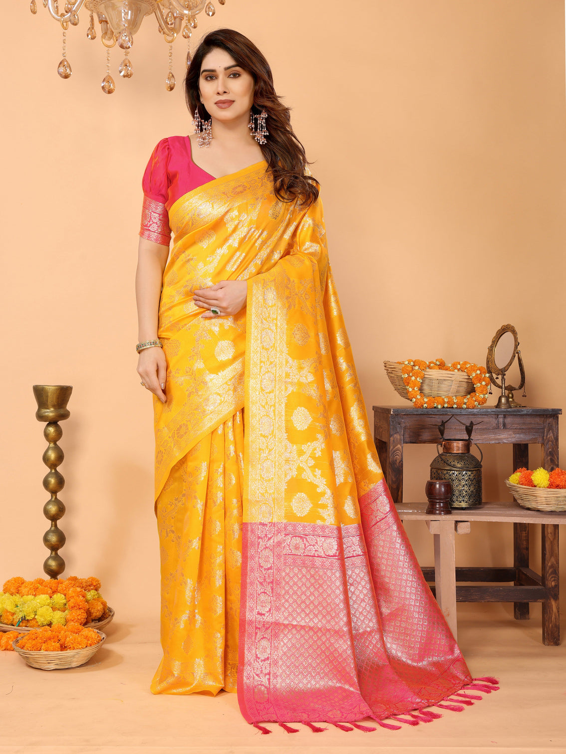Traditional yellow banarasi silk saree with pink zari border and blouse festive traditional wear mameraa