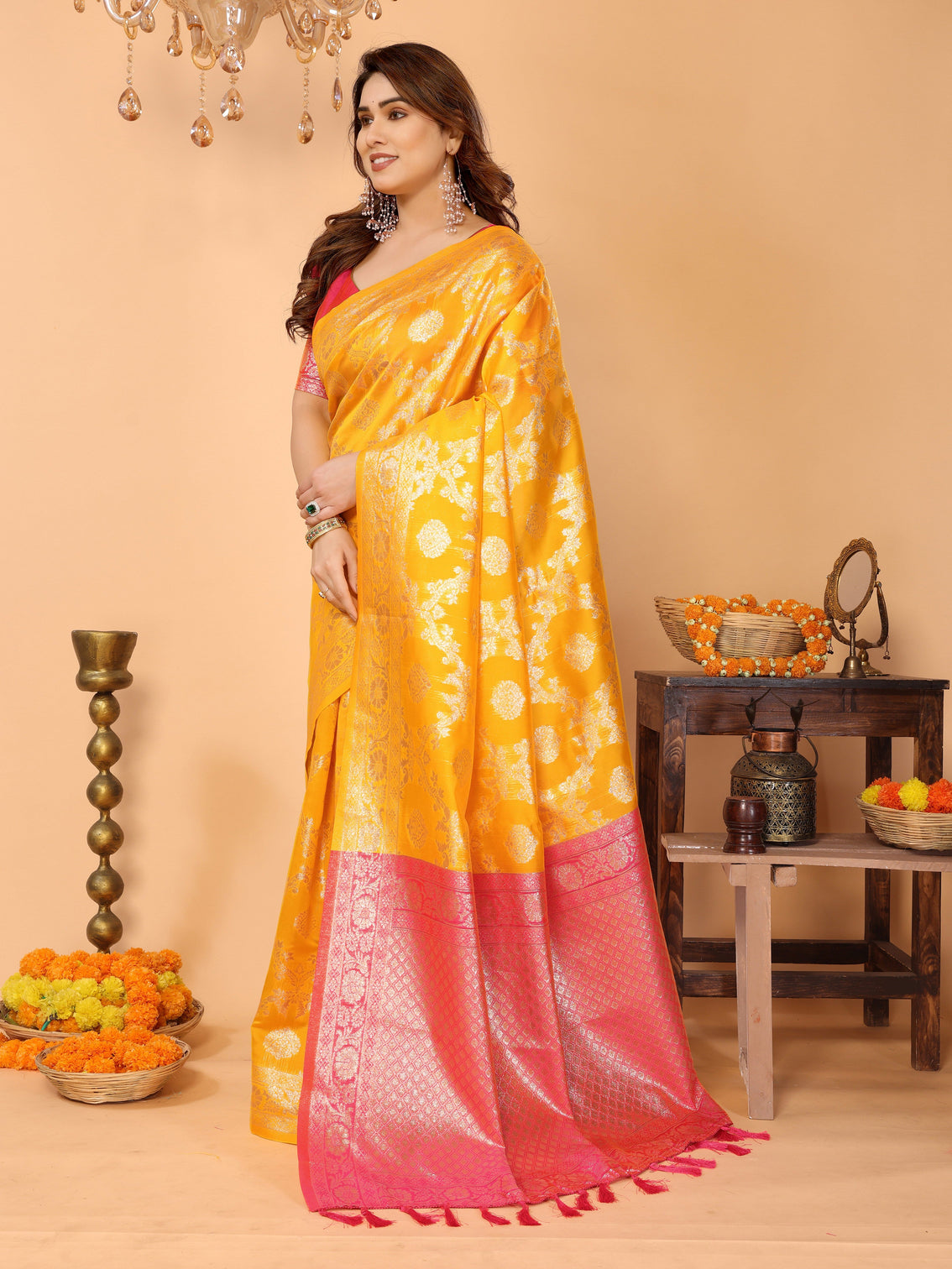 Traditional yellow banarasi silk saree with pink zari border and blouse festive traditional wear