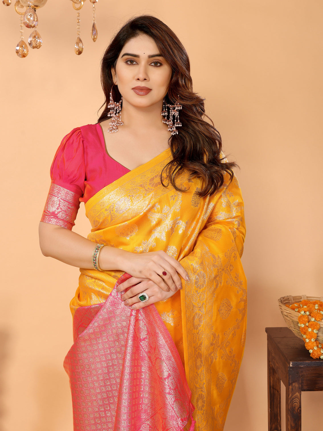 Traditional yellow banarasi silk saree with pink zari border and blouse festive traditional wear