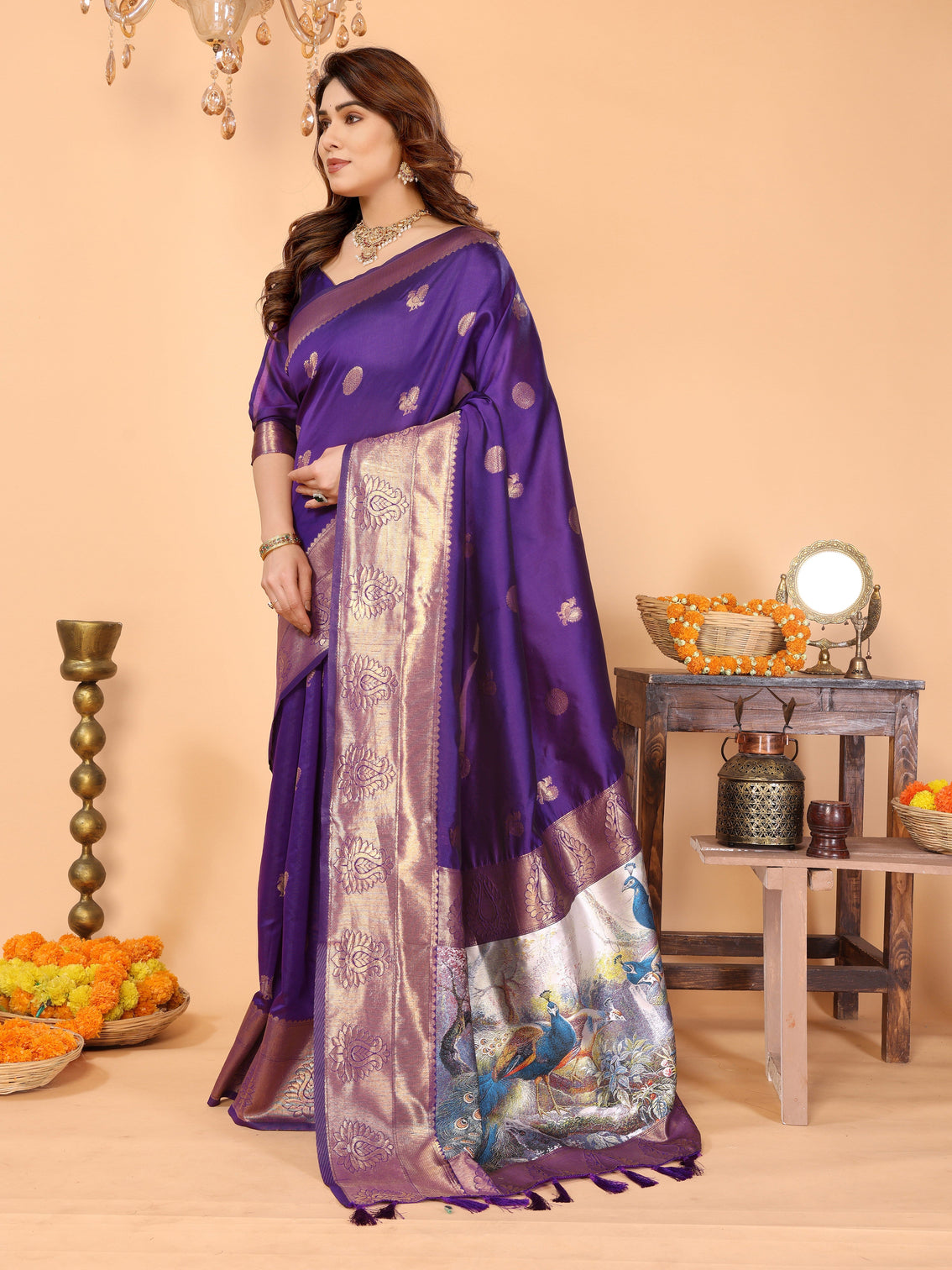 Royal purple banarasi silk saree with golden zari weaving peacock digital pallu elegant festive wear