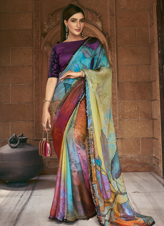 Abstract Printed Saton Silk Bead Sequins Worked Designer Saree