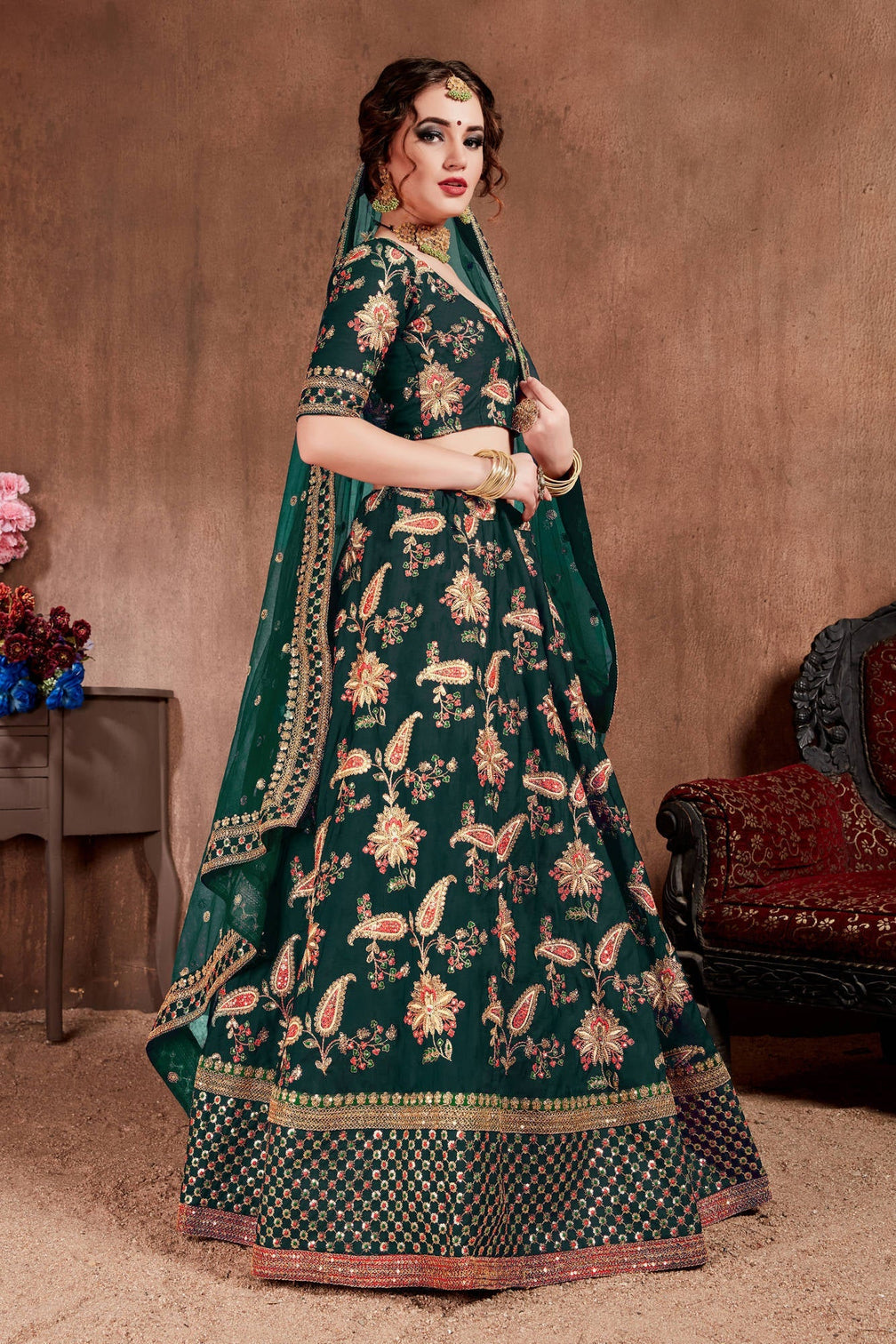 Ethnic Dark Green Colored Bridal Wear Designer Embroidered Lehenga choli