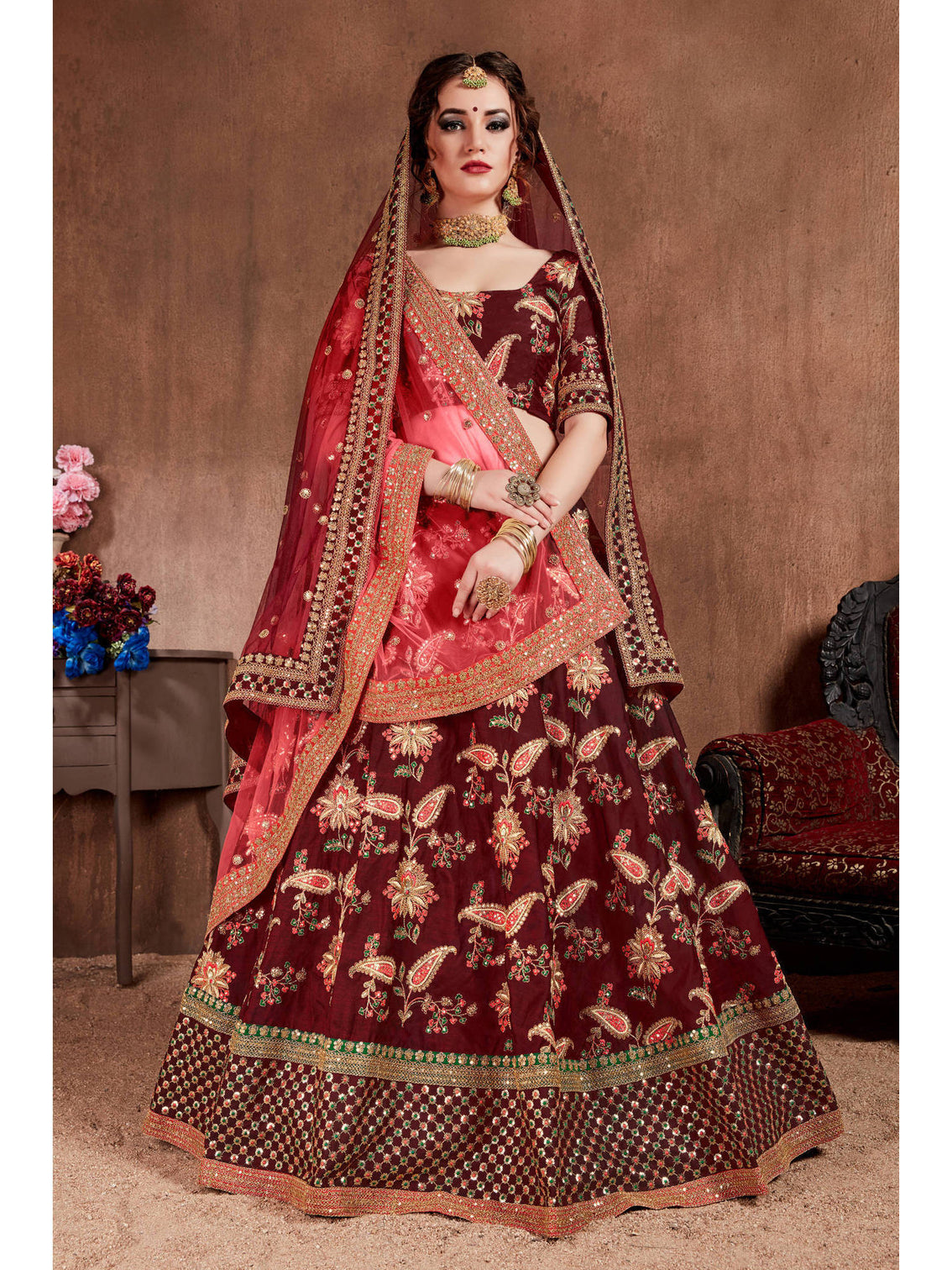 Blooming Dark Maroon Colored Bridal Wear Designer Embroidered Lehenga choli