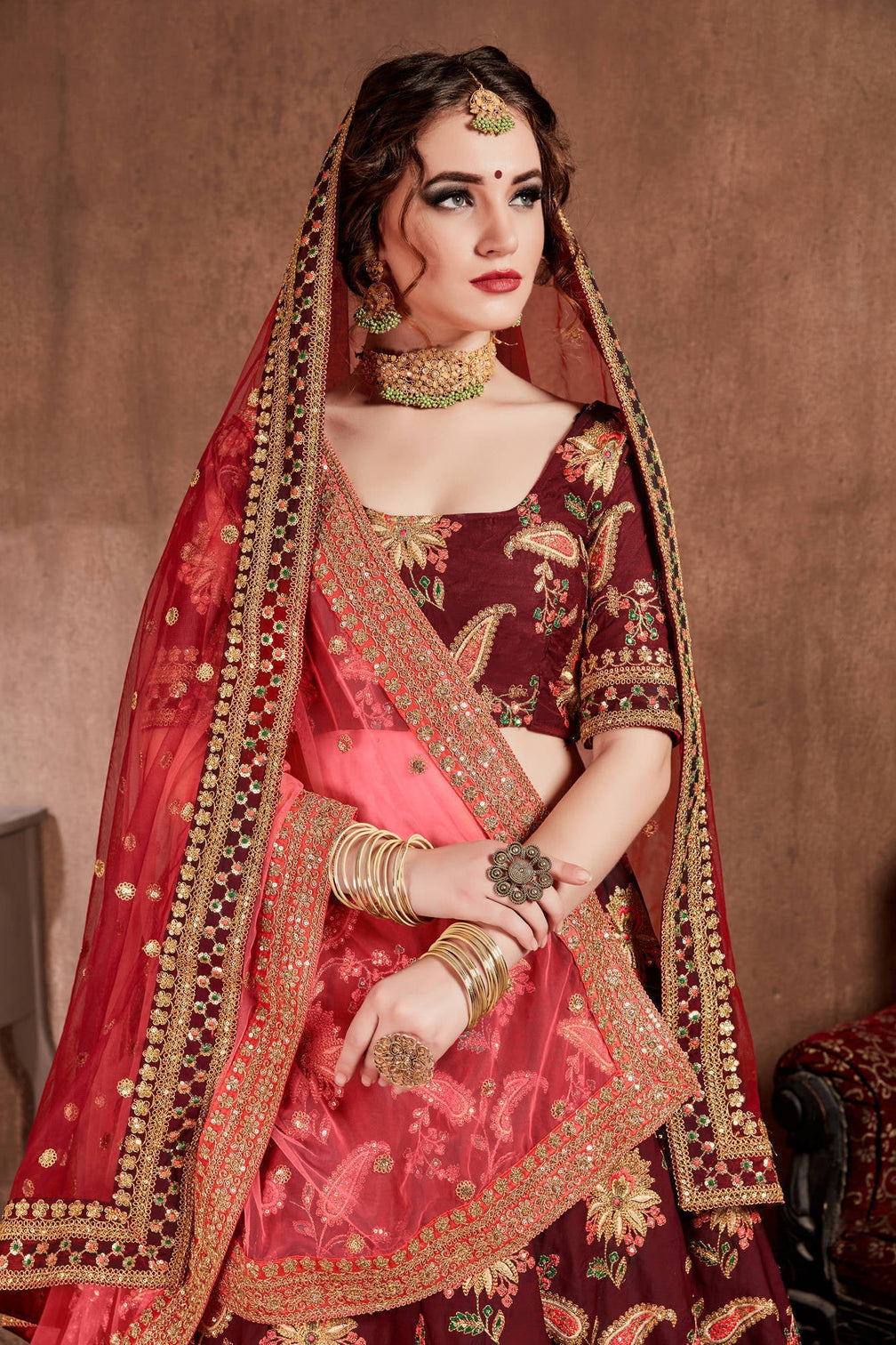 Blooming Dark Maroon Colored Bridal Wear Designer Embroidered Lehenga choli