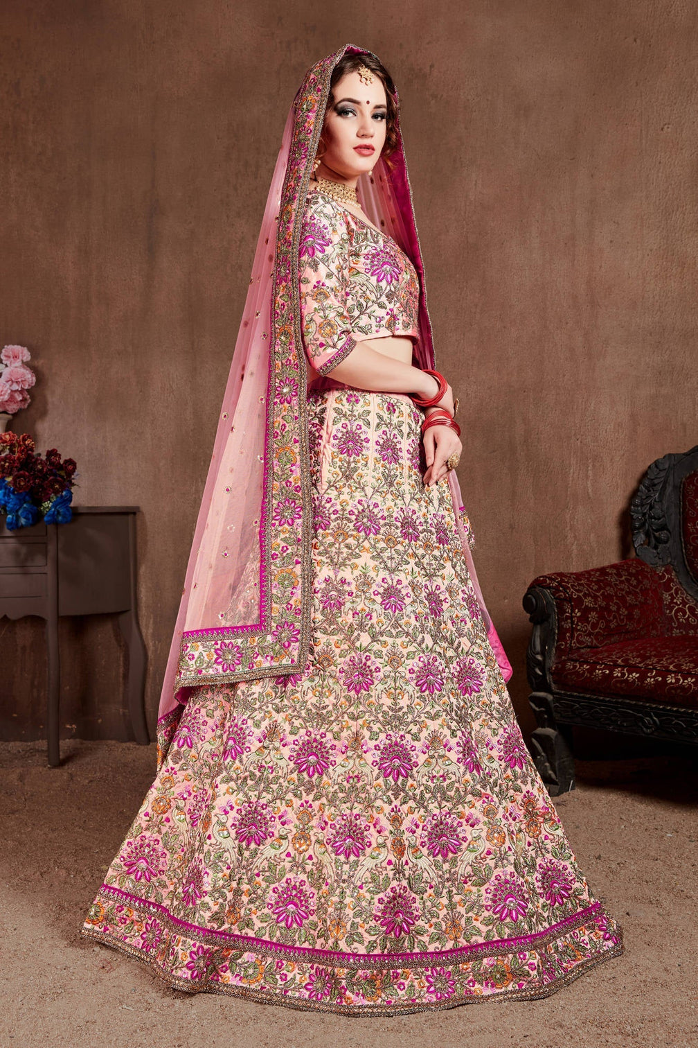 Arresting Pastel Pink Colored Bridal Wear Designer Embroidered Lehenga choli