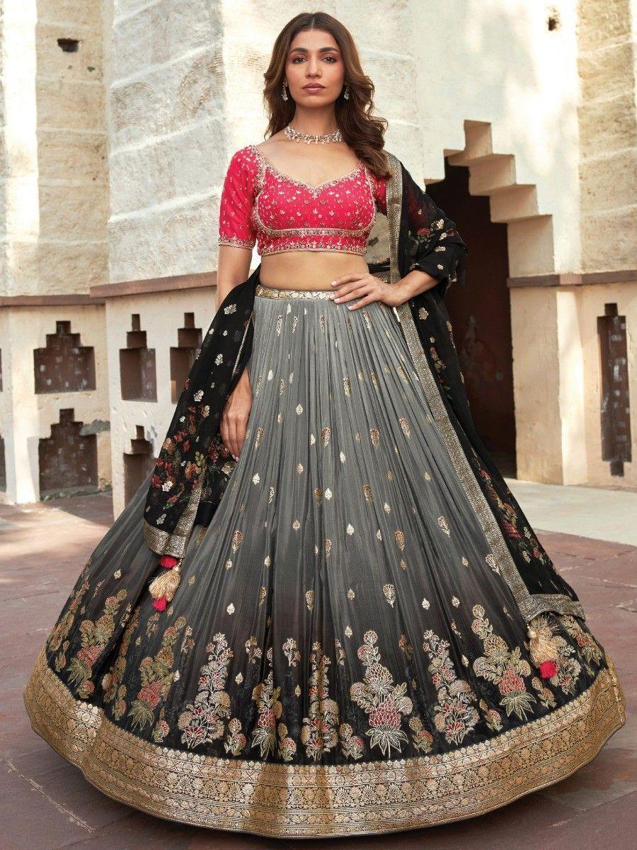 Amazing Grey Zari Woven Silk Wedding Wear Designer Lehenga Choli