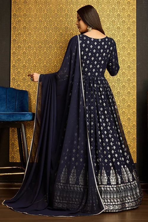 Navy Blue Anarkali Long Gown with Metallic Foil Work