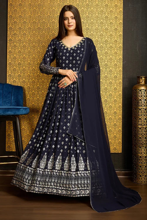 Navy Blue Anarkali Long Gown with Metallic Foil Work