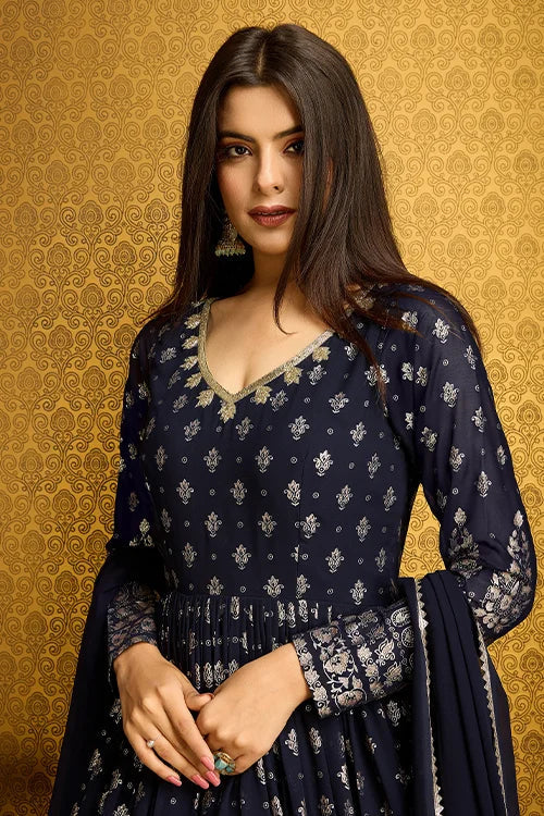 Navy Blue Anarkali Long Gown with Metallic Foil Work