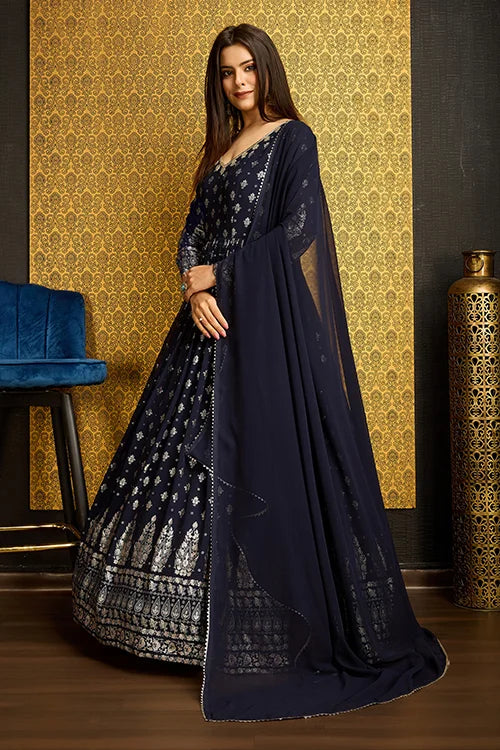 Navy Blue Anarkali Long Gown with Metallic Foil Work