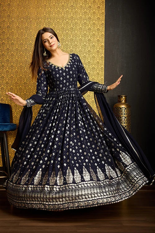 Navy Blue Anarkali Long Gown with Metallic Foil Work