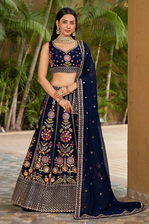 Navy Blue Embroidered Lehenga Choli with Dupatta