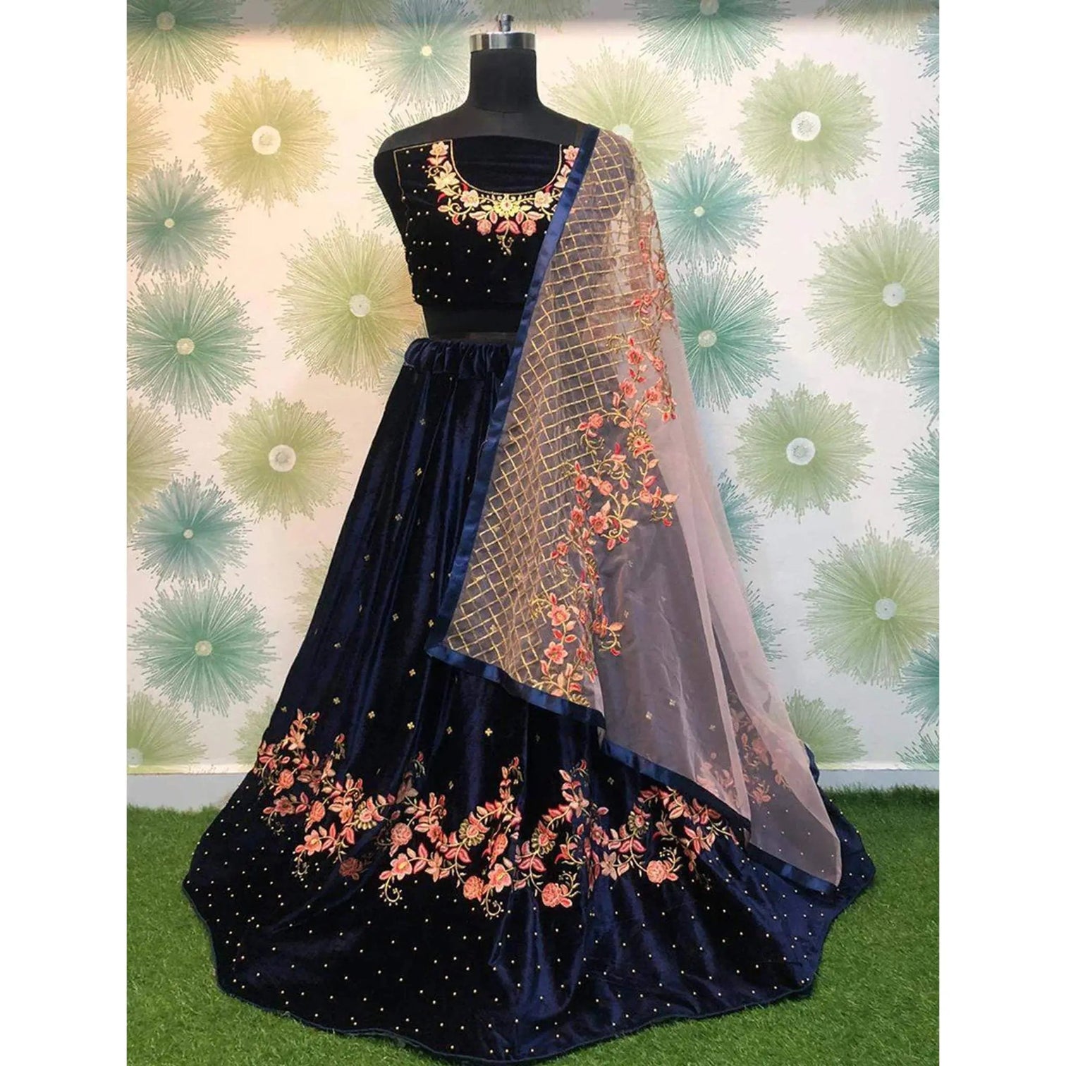 Navy Blue Velvet Lehenga with Pearls