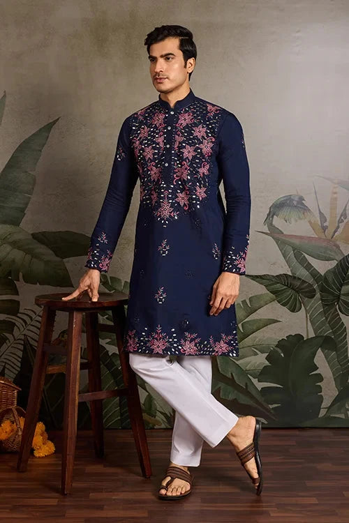 Wedding Special Navy Blue Embroidered Mens Kurta Set