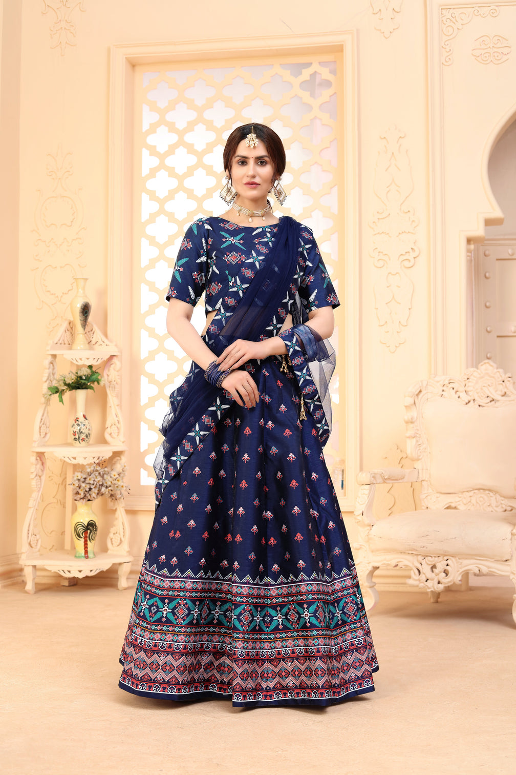 Navy-Blue Digital Printed Art Silk Bridal Lehenga