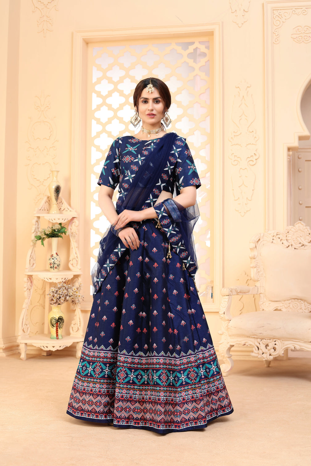 Navy-Blue Digital Printed Art Silk Bridal Lehenga