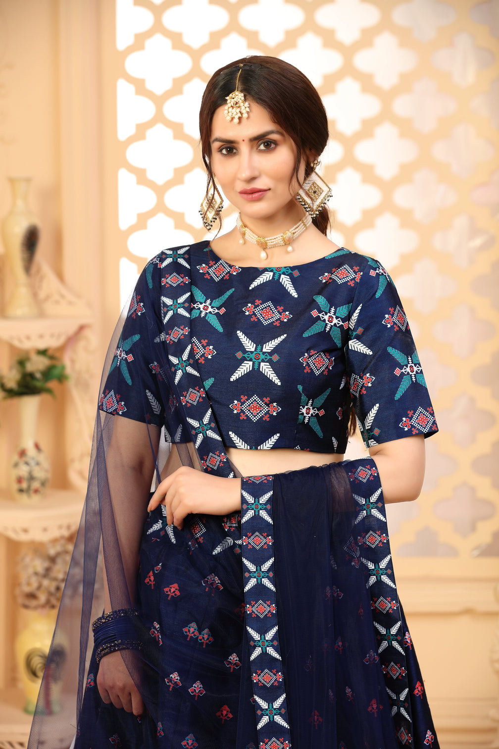 Navy-Blue Digital Printed Art Silk Bridal Lehenga