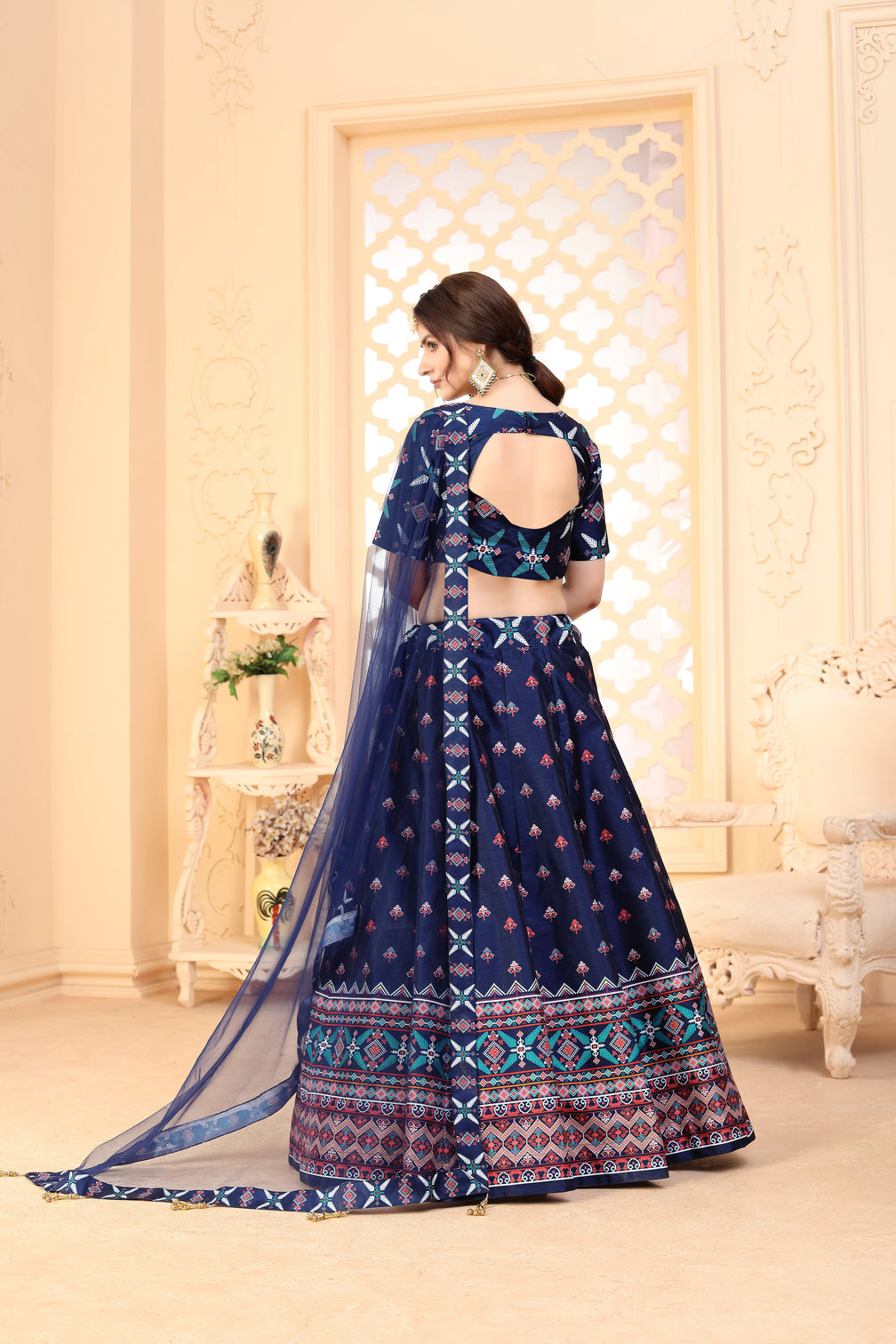 Navy-Blue Digital Printed Art Silk Bridal Lehenga