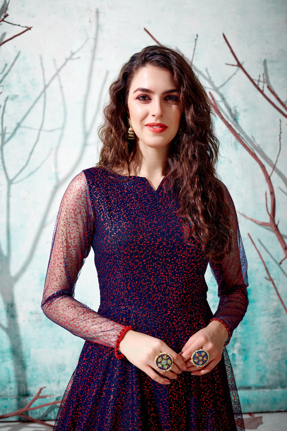 Navy-Blue Foilage Print Net Long Evening Party Gown Semi Stitched
