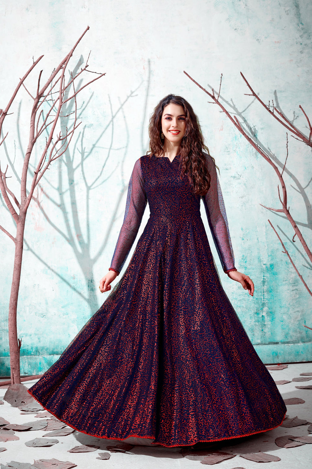 Navy-Blue Foilage Print Net Long Evening Party Gown Semi Stitched