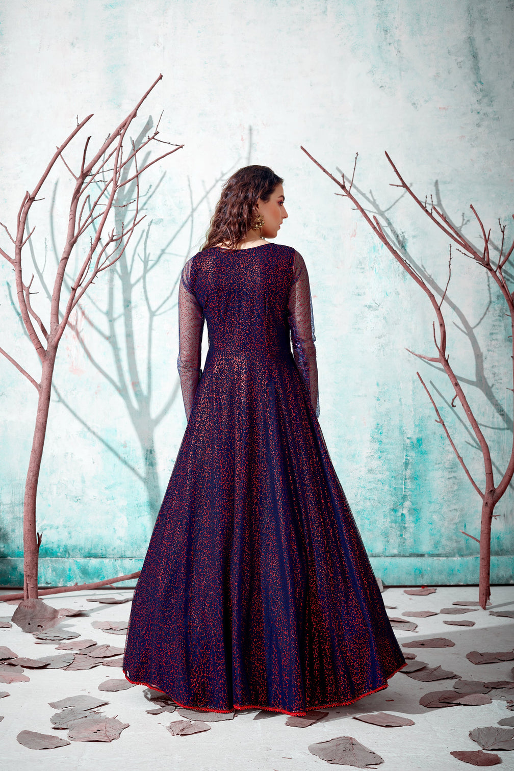 Navy-Blue Foilage Print Net Long Evening Party Gown Semi Stitched