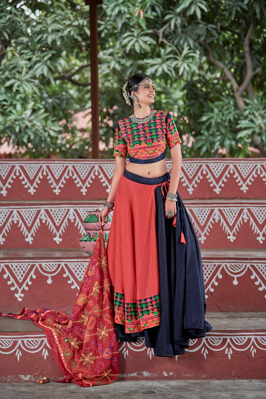 Navy-Blue & Orange Embroidered Cotton Indian Traditional Festival Dandiya Raas Garba Semi Stitched Navratri Lehenga
