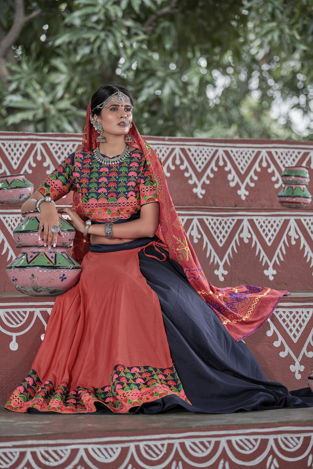Navy-Blue & Orange Embroidered Cotton Indian Traditional Festival Dandiya Raas Garba Semi Stitched Navratri Lehenga